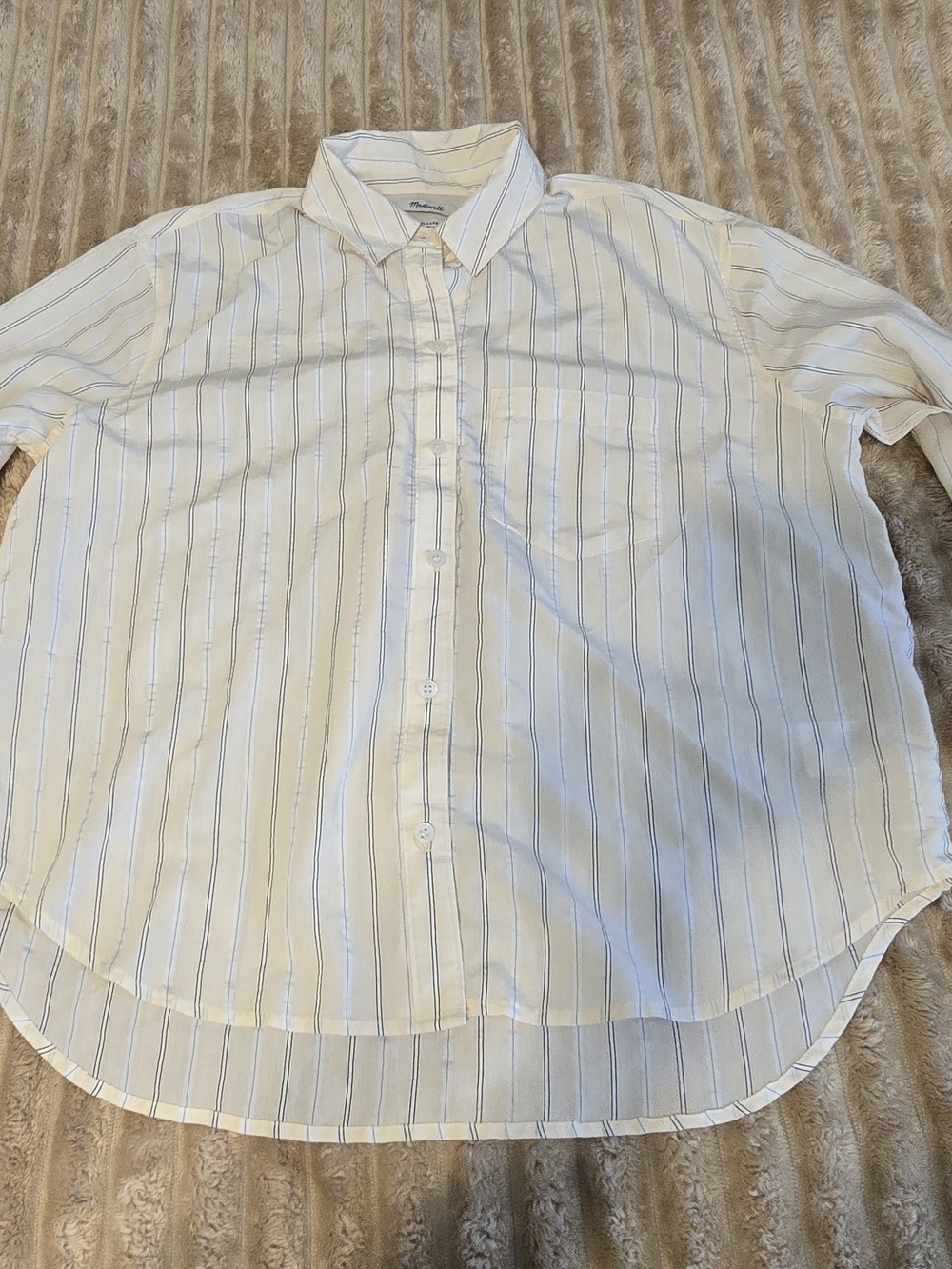 Madewell Women's Cream Button-Down Shirt with Blue Stripes Size M